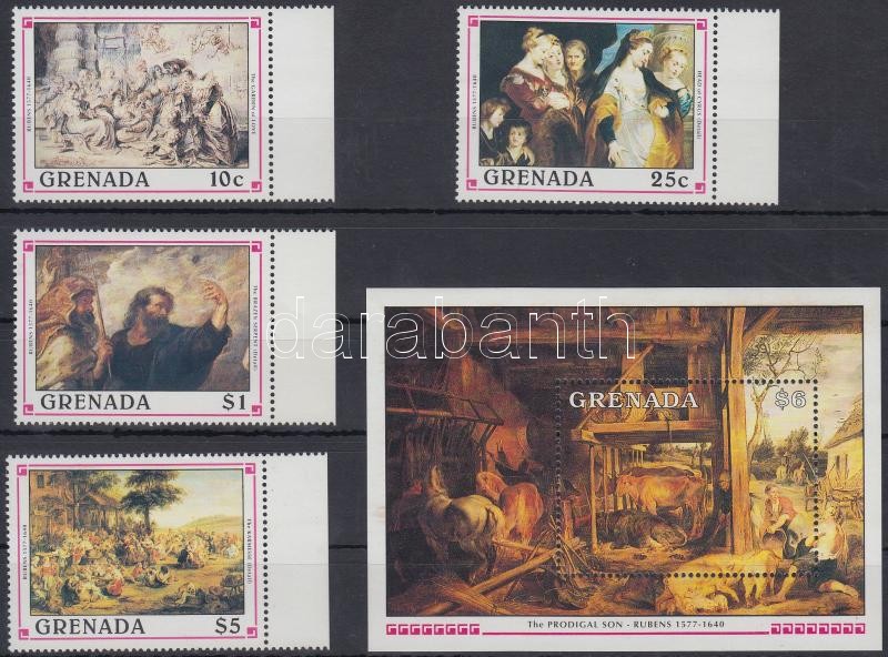 Paintings, Rubens set 4 margin values + block, Festmény, Rubens sor 4 klf ívszéli értéke + blokk