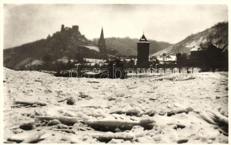 Oberwesel, 'Der zu Eis erstarrete Rhein mit Blick auf Hafen und Ruine Schönburg, Oberwesel im Februar-Marz 1929' / The frozen river Rhine with the view of the port and the ruins of Castle Schönburg, winter