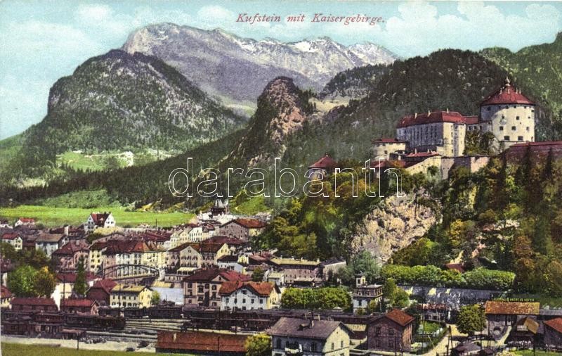 Kufstein mit Kaisergebirge / castle, railway with trains