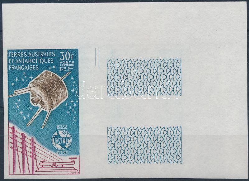 Centenary of ITU corner imperforate stamp with blank field on the right side, 100 éves a Nemzetközi Távközlési Unió ívsarki jobb oldali üres mezős vágott bélyeg