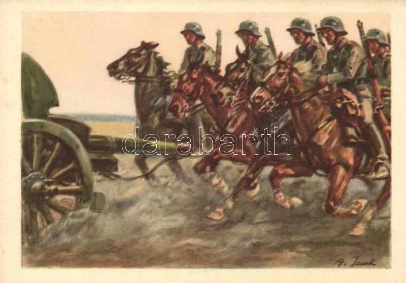 Reitende Batterie, Die Postkarte des Heeres No. 6 / Artillery crew on horseback, German military postcard s: Angelo Jank, Tüzérek lóháton; Die Postkarte des Heeres No. 6 s: Angelo Jank