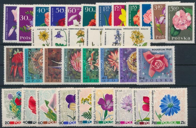 1964-1968 Poland, Flowers 35 diff stamps with sets, Lengyelország, Virág motívum (1964-1968) 35 klf bélyeg, közte sorok