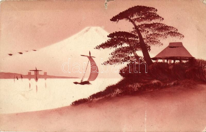 Fuji Mountain, sailship, silhouette