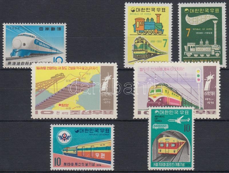 1964-1974 Vonat motívum 7 klf bélyeg, közte sorok, 1964-1974 Trains 7 stamps
