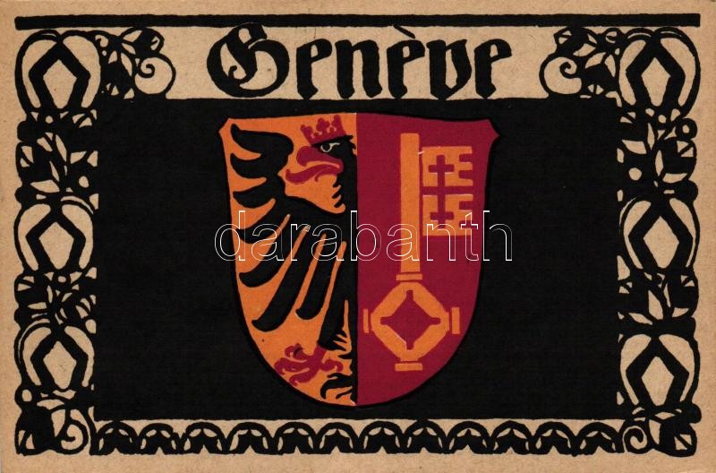 Geneva, Geneve; coat of arms, Entwurf von Paul Hosch und Hans Melching, Schweizer Werkstätten Postkarte, Genf, címer