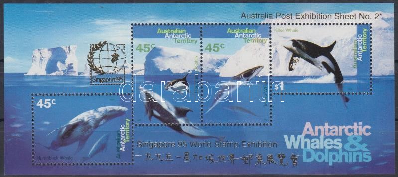 Bálnák; Singapore-i Bélyegkiállítás felülnyomott blokk, Whales Singapore Stamp Exhibition overprinted block