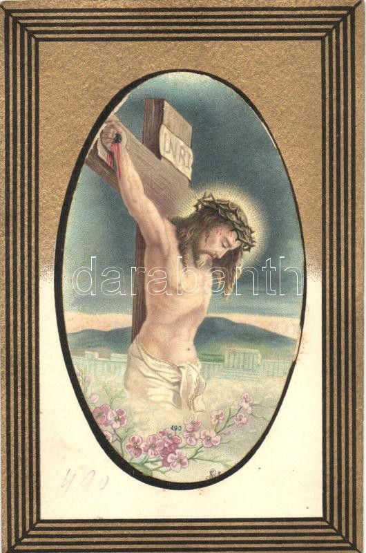Crucified Jesus, golden art postcard, B.N.K. Serie 80. litho, Keresztre feszített Jézus, arany művészeti képeslap, B.N.K. Serie 80. litho