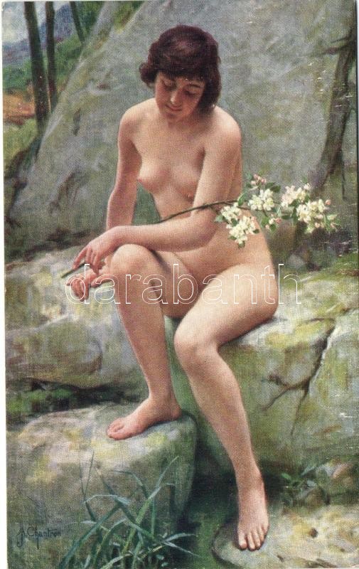 Spring / Erotic nude art postcard s: A.J. Chantron, Tavasz, erotikus meztelen művészeti képeslap s: A.J. Chantron