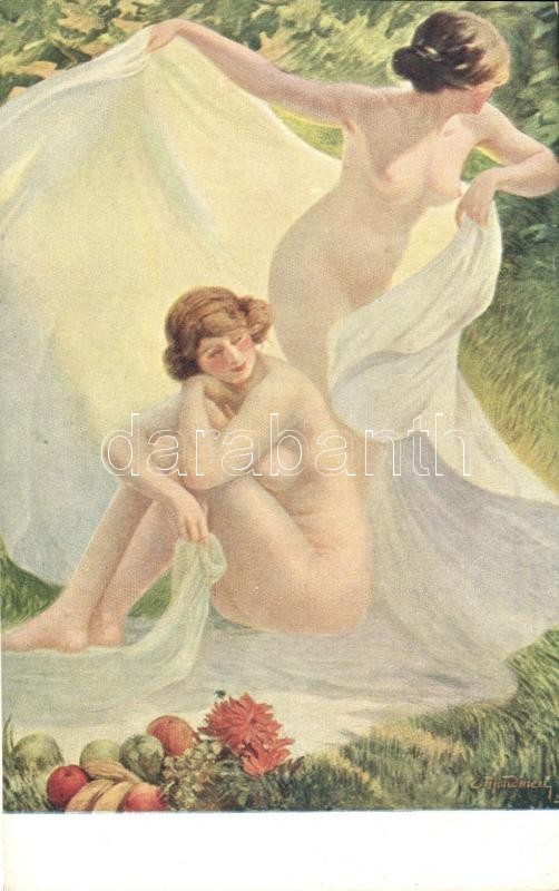 Erotikus meztelen művészeti képeslap, M.J.S. 141. s: Mondineu, Alarme / Erotic nude art postcard, M.J.S. 141. s: Mondineu