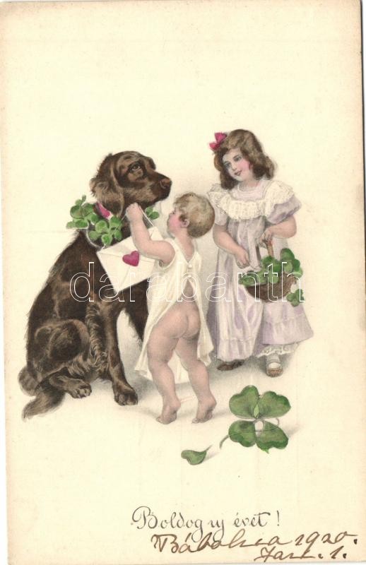 New Year, children with dog, clover, H.H.I.W. Serie 926.