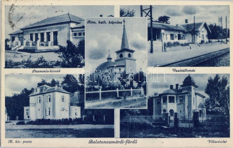 Zamárdi, Balatonzamárdi; vasútállomás, Pannónia kioszk, M. kir. posta, villa