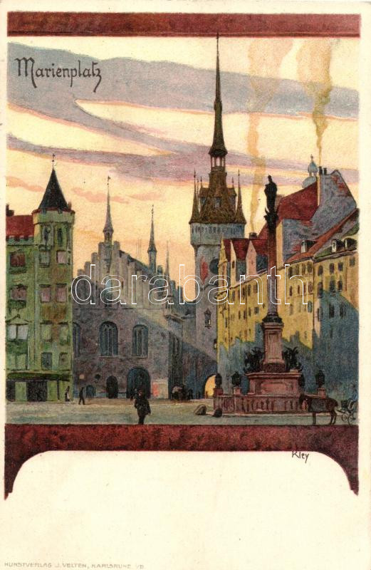 München, Marienplatz, Velten's Künstlerpostkarte No. 86 litho s: Kley