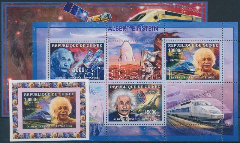Albert Einstein imperf stamp + perf minisheet and block, Albert Einstein vágott érték + fogazott kisív + fogazott blokk