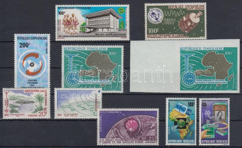 African countries 1960- 1974 satellite 10 stamps, Afrikai országok 1960- 1974 Műhold 10 klf bélyeg közte  vágott ívszéli bélyeg