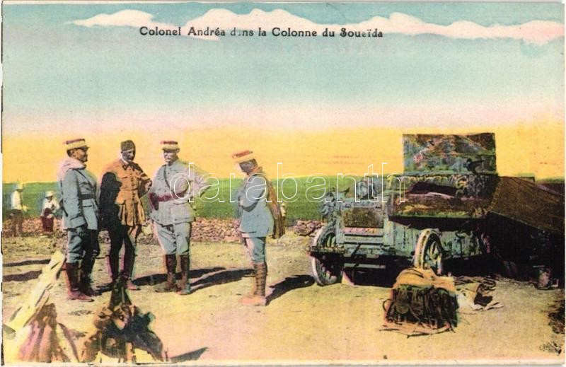 Francia ezredes libanoni katonák körében, Colonel Andrea dans la Colonne du Soueida / Lebanese military postcard, officers