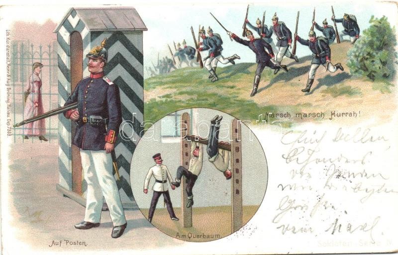 1898 Scenes from the German soldiers life, Heinr. & Aug. Brunning Soldaten Serie IV., litho, 1898 A német katona élete, Heinr. & Aug. Brunning Soldaten Serie IV., litho