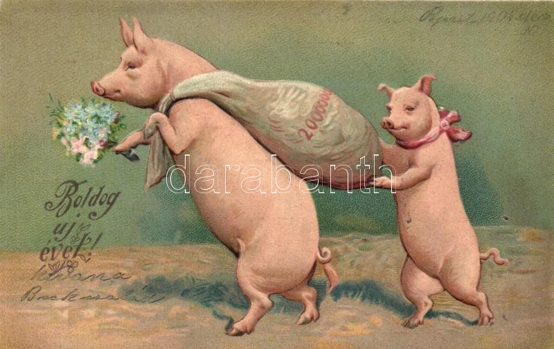 New Year, pigs with money bag, Emb. litho
