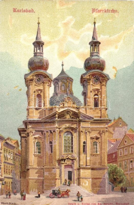 Karlovy Vary, Karlsbad; Pfarrkirche / church, litho s: Erwin Pendl