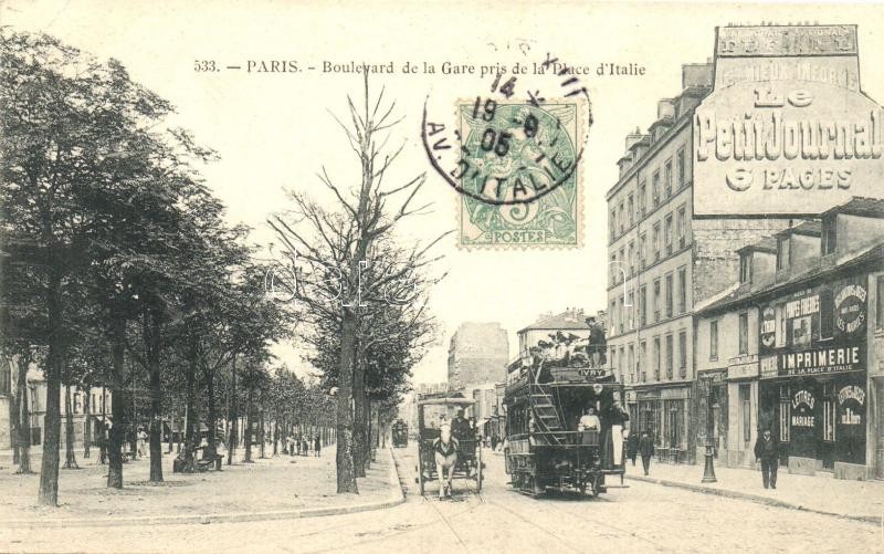 Paris, Boulevard de la Gare, Place d'Italie, Imprimerie, Le Petit Journal / street, square, omnibus, printing house