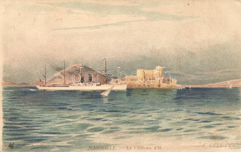 Marseille, Le Chateau d'If / castle, ship, litho s: E. Lessieux