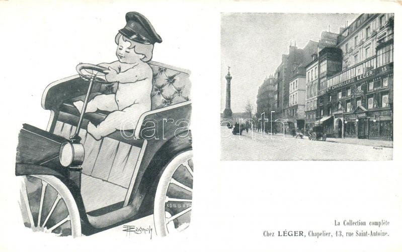 Paris, Chez Chapellerie Léger, Rue Saint Antoine / hat shop, baby driving an automobile