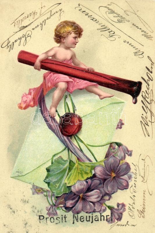 New Year, child, letter, floral, P.F.B. B. Serie 3315. Emb. litho