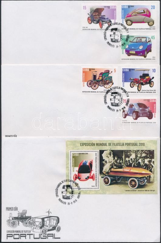 Stamp Exhibition; Car set + block on 3 FDC, Bélyegkiállítás; Autó sor + blokk 3 db FDC