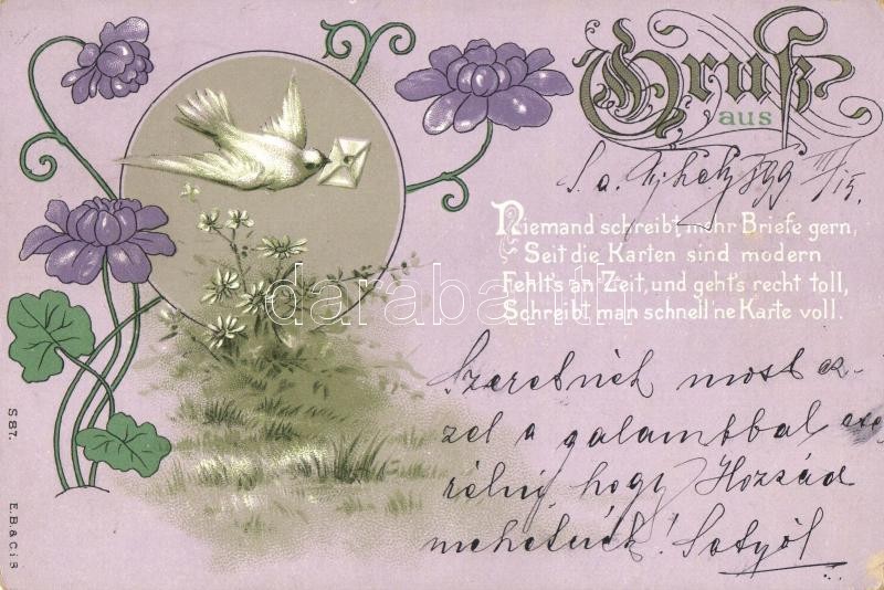 1899 'Gruss aus...' / greeting card with flower and bird, litho (worn edges)