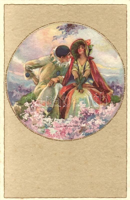 Olasz művészeti képeslap, hölgy bohóccal, Degami 1016. s: T. Corbella, Italian art postcard, lady with clown, Degami 1016. s: T. Corbella