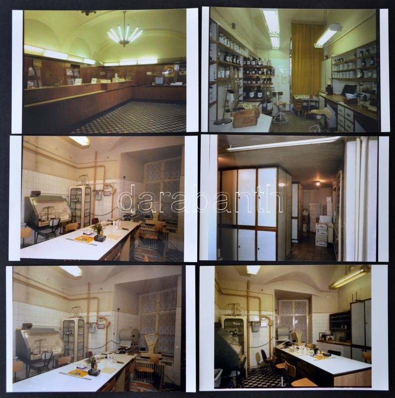 1981 Budapest, V. ker., Dorottya u. 13. Gyógyszertári belső fotók, 10 db jogdíjmentes és szabadon felhasználható professzionális negatív, 6x7 cm + 10 db modern nagyítás ezekről, 10x15 cm
