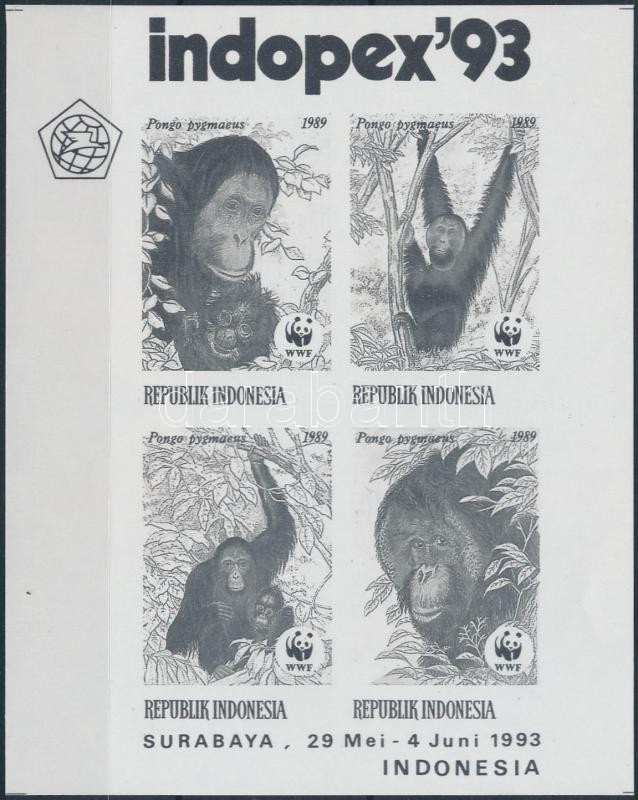 WWF: Orangutan stamp exhibition block black print, WWF: Orangután bélyegkiállítási blokk feketenyomat