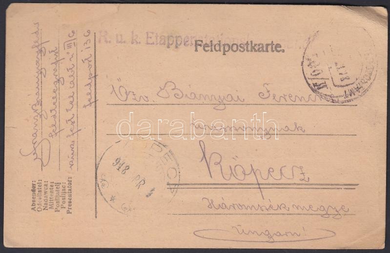 Austria-Hungary field cover, Tábori posta levelezőlap &quot;K.u.k. Etappenstationskommando&quot;