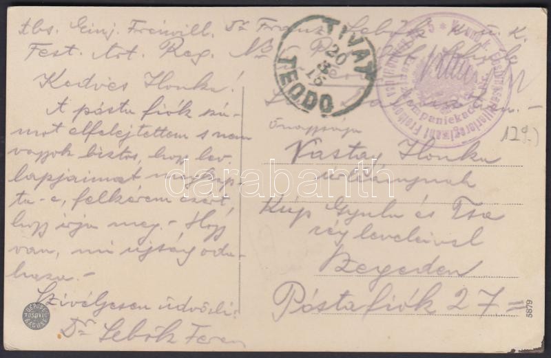Tábori posta képeslap &quot;K. und K. Festungsartillerieregiment Freiherr von Rouvrey Nr5 / Ersatzkompaniekader Nr.1&quot;, Austria-Hungary Field postcard