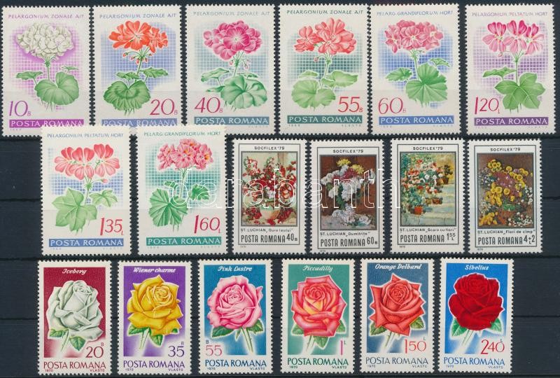 1968-1979 35 klf Virág bélyeg, közte teljes sorok + 1 blokk 2 stecklapon, 1968-1979 35 Flower stamps + 1 block