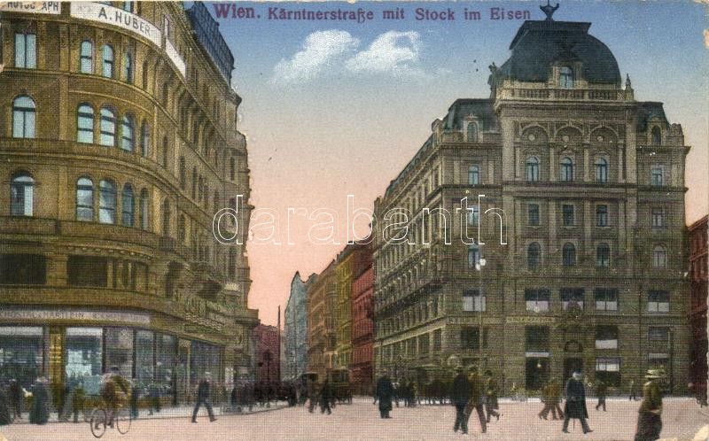 Vienna, Wien I. Kärntnerstrasse mit Stock im Eisen / street, shop of Schostal & Hartlein