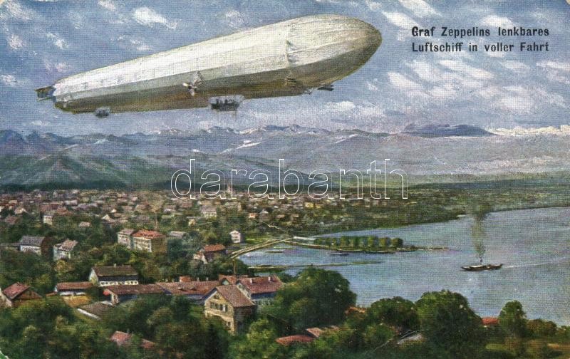 'Graf Zeppelins lenkbares Luftschiff in voller Fahrt' / Count Zeppelin's airship (worn edges), Gróf Zeppelin léghajó (kopott szélek)