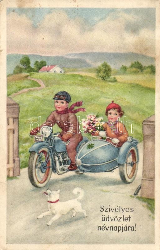Névnap, gyerekek oldalkocsis motorral, Erika Nr. 1270., Name Day, children couple in a motorbicycle Erika Nr. 1270.