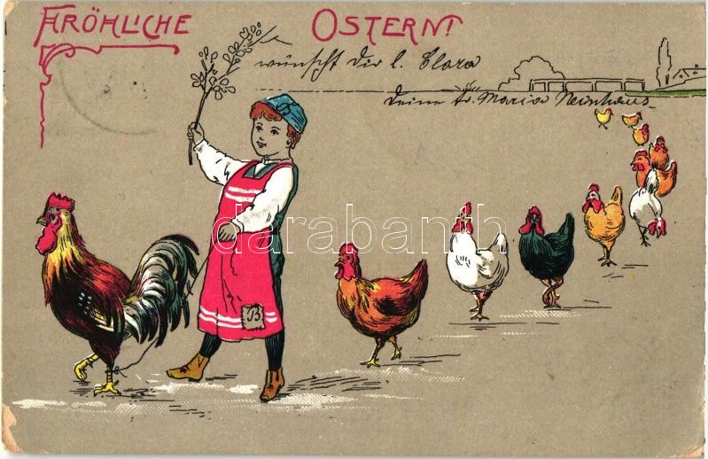 Easter, boy with rooster and chicken, Húsvét, fiú kakassal és csirkékkel