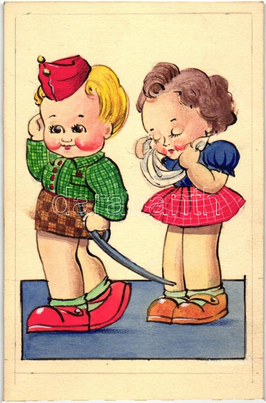 Children, hand-made art postcard (cut), Gyerekek, kézzel készült képeslap (vágott)