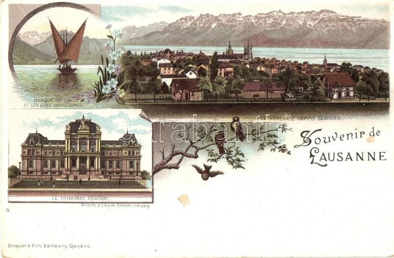 Lausanne, Barque de Lac, Le Tribunal Federal, birds, floral, litho