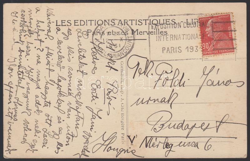 Postcard with the International Colonial Exhibition advertising cancellation, Képeslap a Nemzetközi Gyarmati kiállítás reklámbélyegzőjével