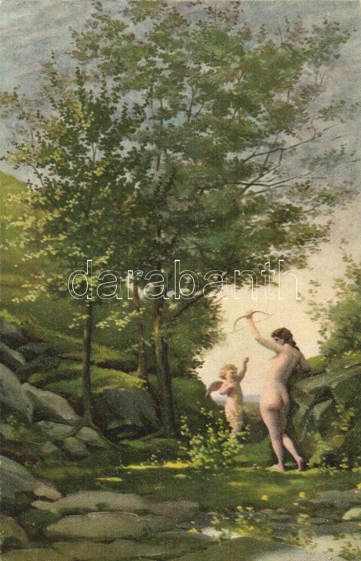 Nimfa Ámorral, finoman erotikus művészeti képeslap, Stengel & Co. No. 29042., s: Jean Baptiste Camille Corot (ferdén vágva), 'Nymphe mit Amor' / Gently erotic art postcard, Stengel & Co. No. 29042., s: Jean Baptiste Camille Corot (slant cut)
