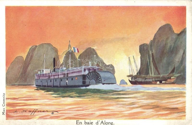 Along, bay, steamships, Max Cremnitz postcard s: L. Haffner
