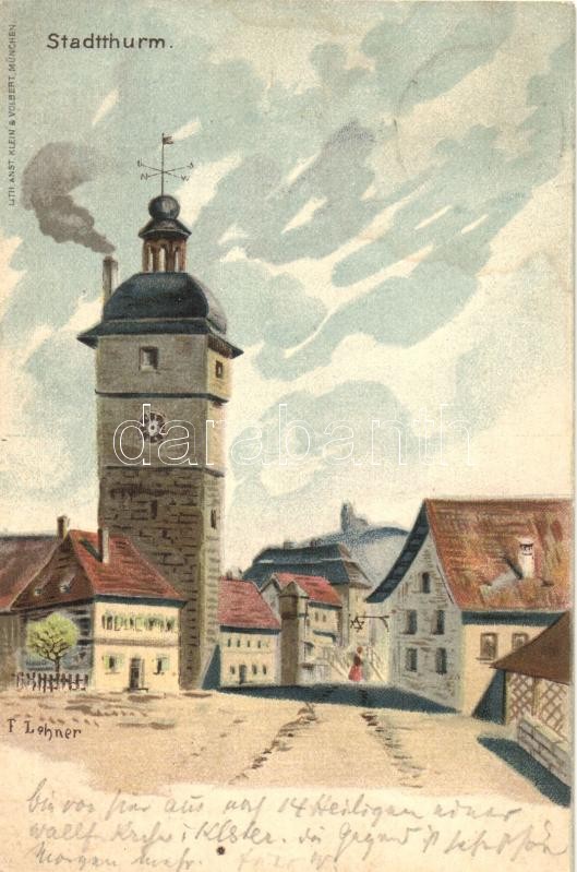 Németország; T2/3; Lichtenfels, Stadtthurm / city tower, Lith. Anst. Klein & Volbert, litho s: F. Lehner