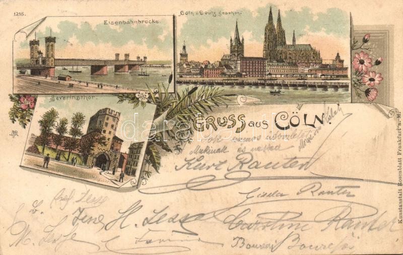 1897 Köln, Cöln, Cologne; Eisenbahnbrücke, Severingthor / railway bridge, gate, floral, Kunstantalt Rosenblatt litho