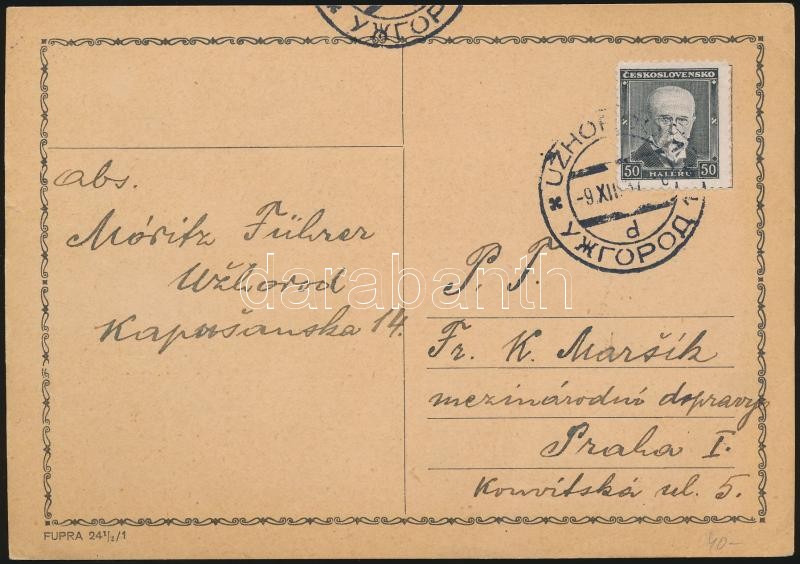 Levelezőlap Ungvárról Prágába kétnyelvű bélyegzéssel, Postcard from Uzhgorod to Prague with bilingual cancellation