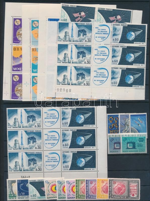 1964-1966 Space Research 15 stamps + 5 blocks of 6 and 1 block of 4, 1964-1966 Űrkutatás motívum 15 db bélyeg, közte sorok + 5 db 6-os tömb és 1 db 4-es tömb