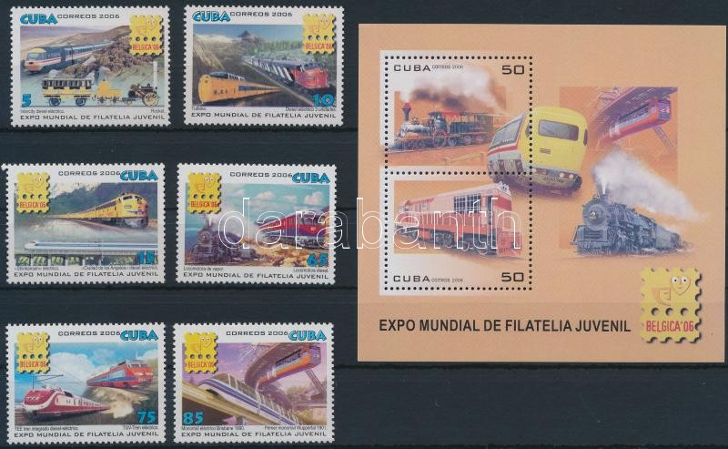 Stamp Exhibition; Locomotive set + block, Bélyegkiállítás; Mozdony sor + blokk