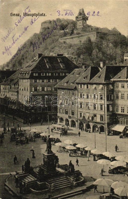 Graz, Hauptplatz, Café Nordstern / main square, market, tram, shops, clock tower