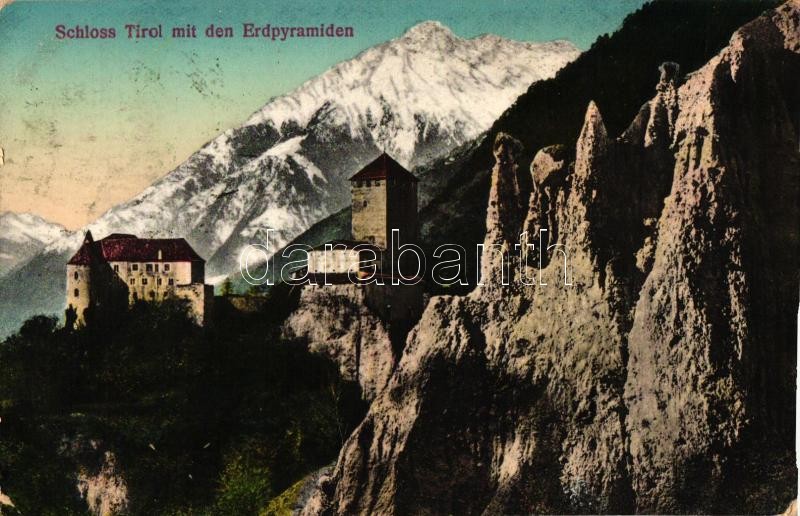 Merano, Meran; Schloss Tirol mit den Erdpyramiden / Tirol Castle with rock formations